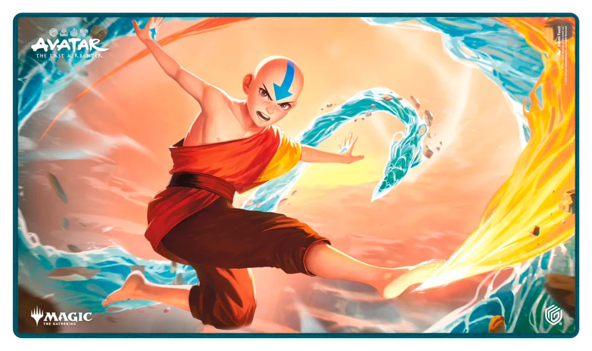 Ultimate Guard Playmat: Magic the Gathering: Avatar The Last Airbender - Avatar Aang - Colorful playmat featuring Avatar Aang in dynamic pose, bending water and fire with swirling energy effects on vibrant.
