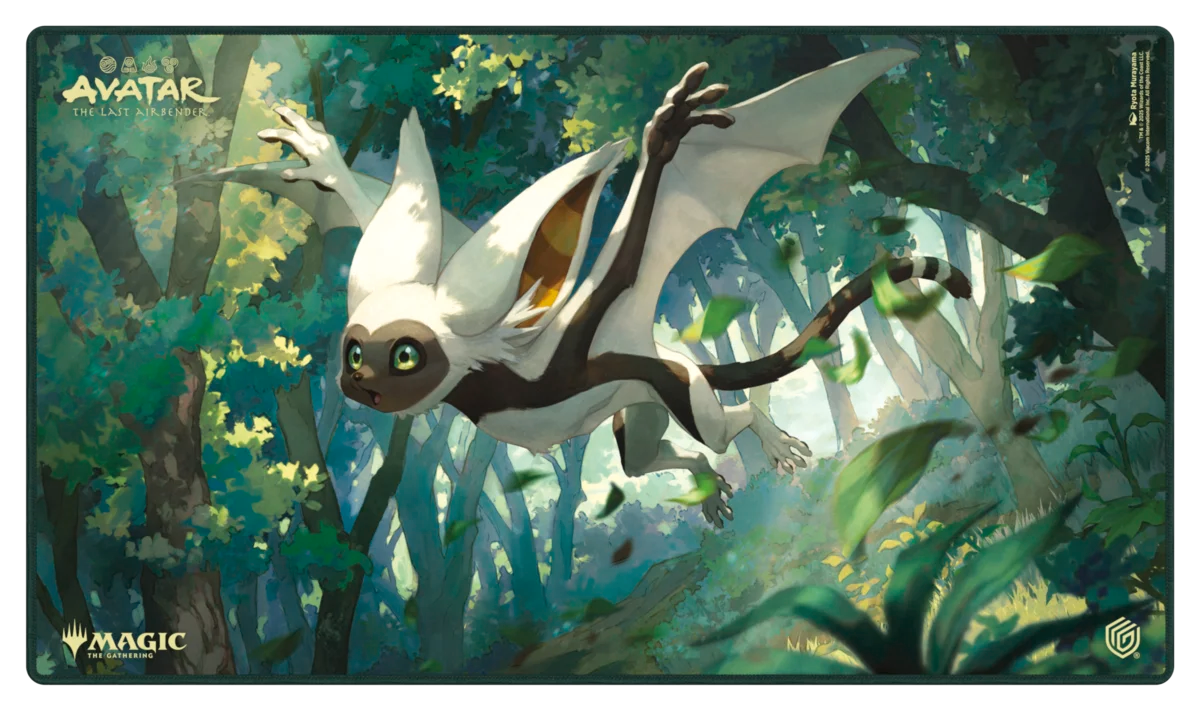 Ultimate Guard Playmat: Magic the Gathering: Avatar The Last Airbender - Momo, Friendly Flier (PREORDER) - Playmat featuring Momo, a white flying lemur with large ears and wings, soaring through a lush green forest background with.