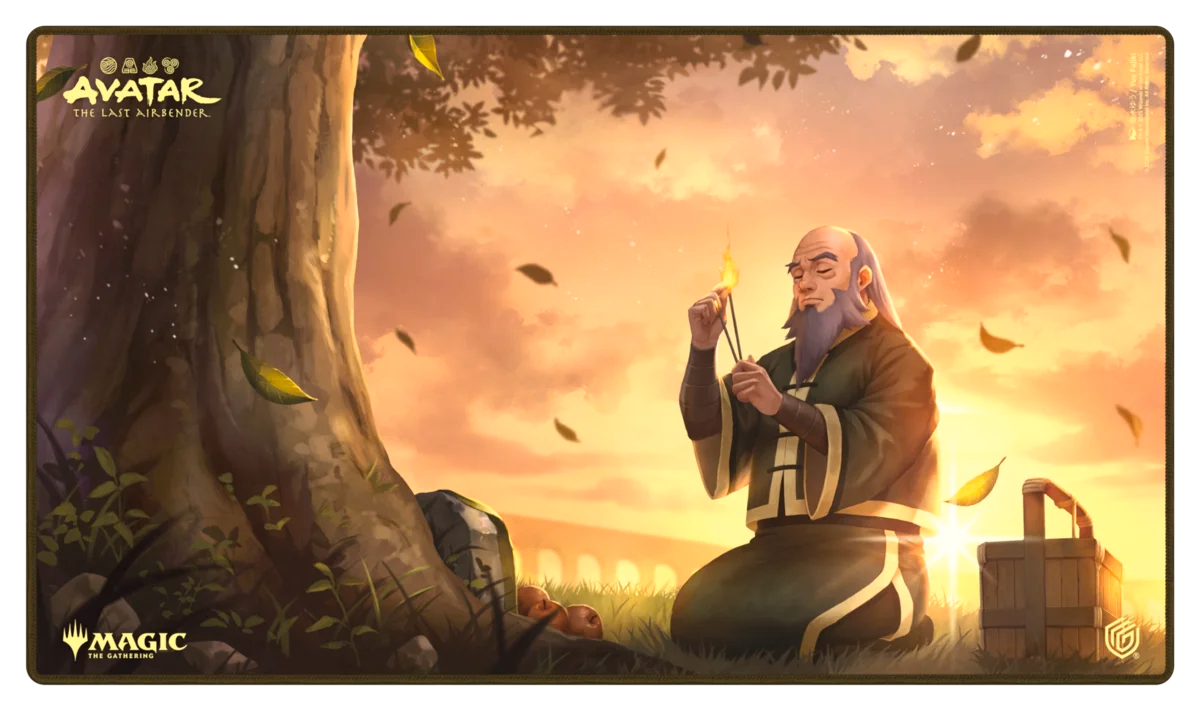 Ultimate Guard Playmat: Magic the Gathering: Avatar The Last Airbender - Bastion of Remembrance - Playmat featuring serene sunset scene with a bald man meditating by a large tree, warm orange and brown tones, soft fabric.