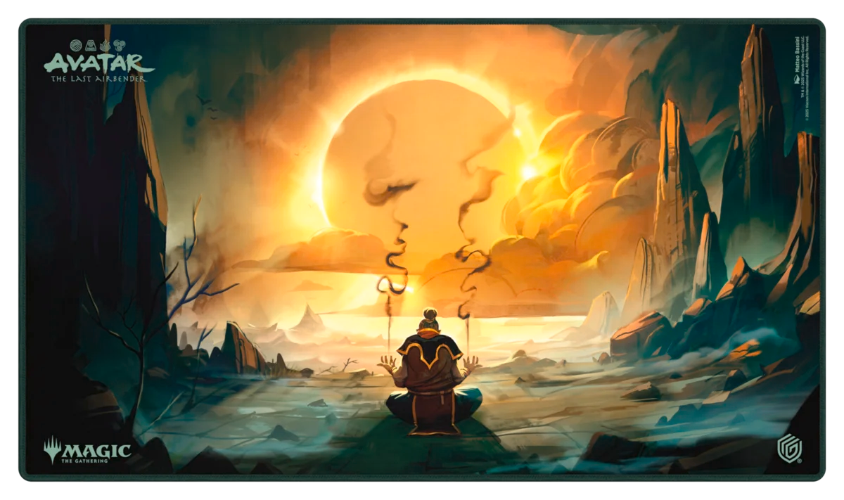 Ultimate Guard Playmat: Magic the Gathering: Avatar The Last Airbender - Day of Black Sun (PREORDER) - Large rectangular playmat featuring a glowing orange sun setting behind mountains, with a silhouette of Aang from Avatar The