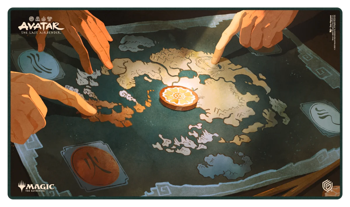 Ultimate Guard Playmat: Magic the Gathering: Avatar The Last Airbender - White Lotus Tile (PREORDER) - The Last Airbender White Lotus tile map design with hands pointing at locations.