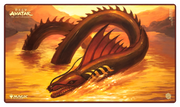 Ultimate Guard Playmat: Magic the Gathering: Avatar The Last Airbender - The Unagi of Kyoshi Island - Magic the Gathering playmat featuring a large dark brown sea serpent with red fins rising from golden water under an orange.