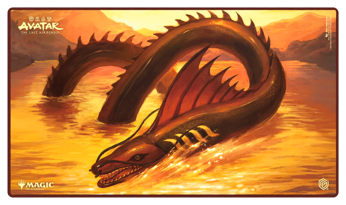 Ultimate Guard Playmat: Magic the Gathering: Avatar The Last Airbender - The Unagi of Kyoshi Island - Magic the Gathering playmat featuring a large dark brown sea serpent with red fins rising from golden water under an orange.