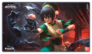 Ultimate Guard Playmat: Magic the Gathering: Avatar The Last Airbender - Toph, the First Metalbender (PREORDER) - Gaming playmat featuring Toph from Avatar The Last Airbender in green outfit bending dark metal rocks on a smoky red.