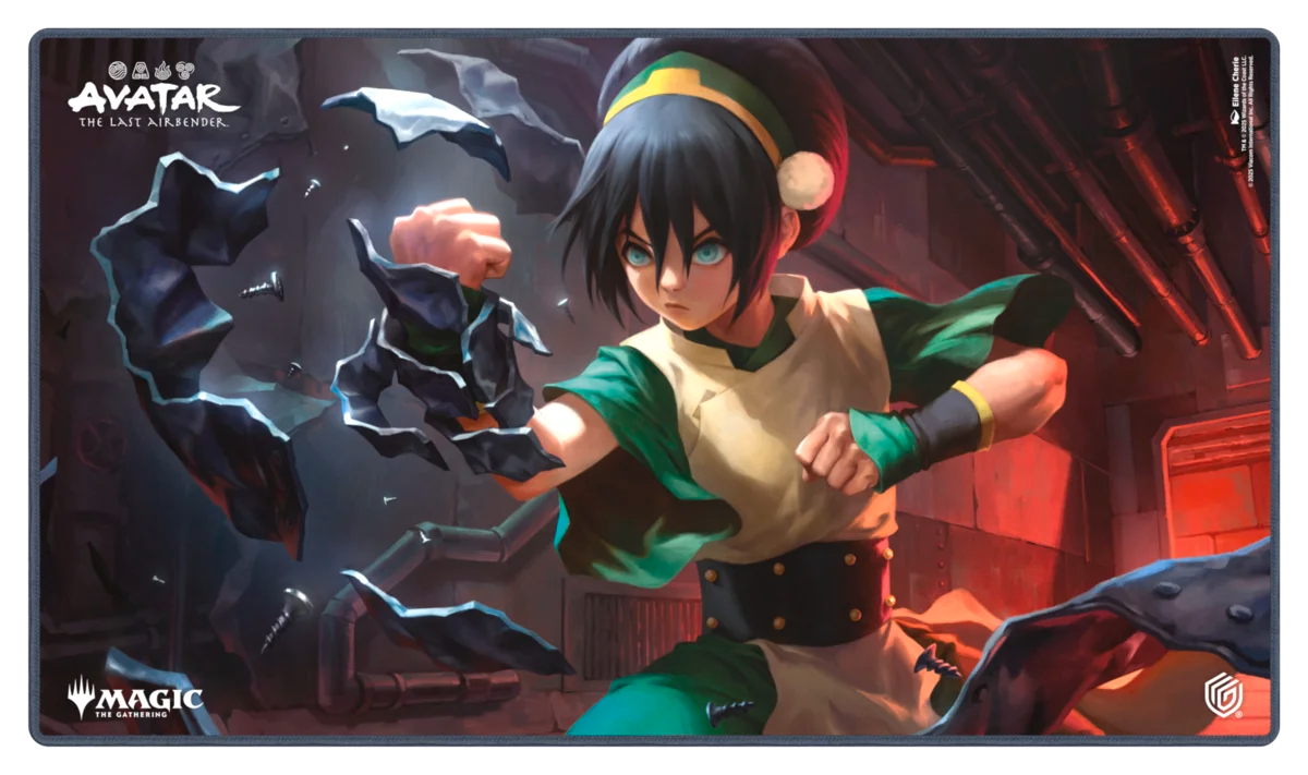 Ultimate Guard Playmat: Magic the Gathering: Avatar The Last Airbender - Toph, the First Metalbender (PREORDER) - Gaming playmat featuring Toph from Avatar The Last Airbender in green outfit bending dark metal rocks on a smoky red.