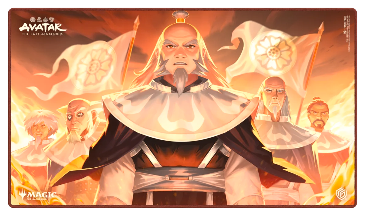 Ultimate Guard Playmat: Magic the Gathering: Avatar The Last Airbender - Iroh, Grand Lotus (PREORDER) - Rectangular gaming playmat featuring fiery orange and yellow tones with a central figure of an older man in traditional.