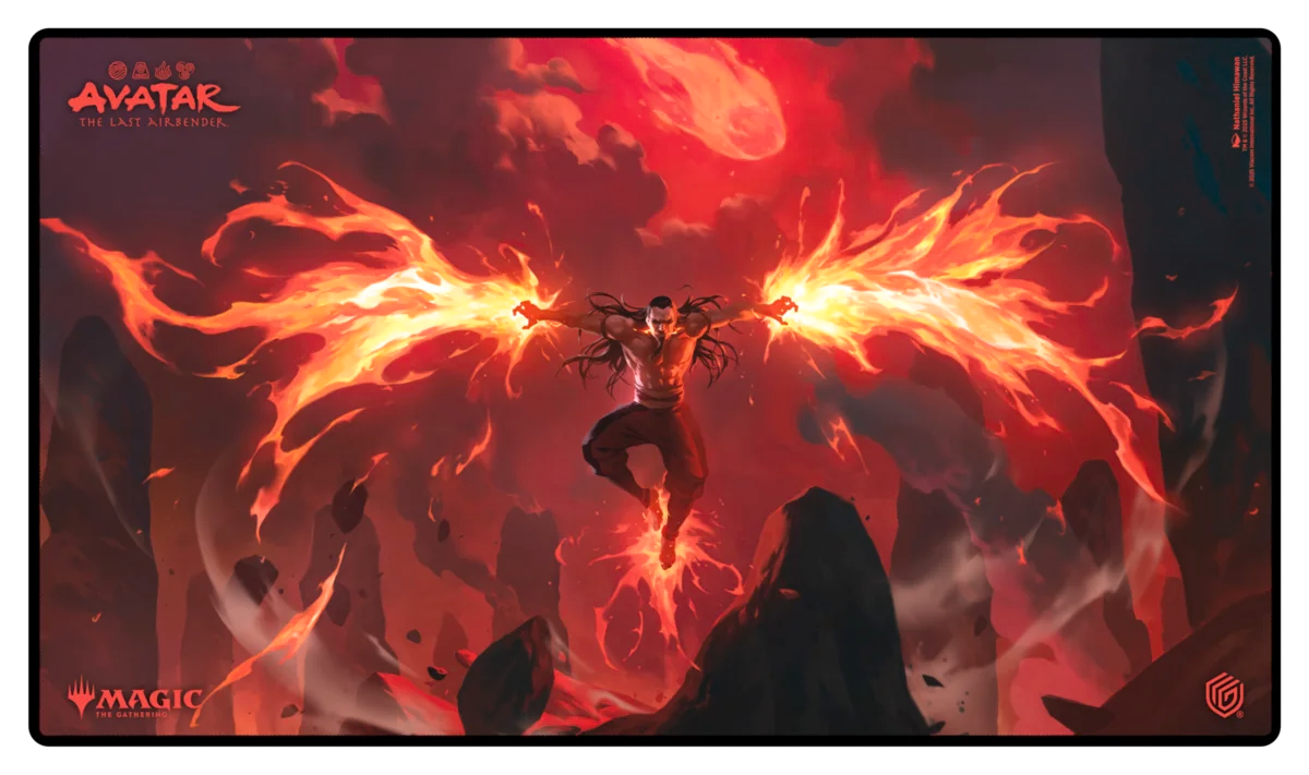 Ultimate Guard Playmat: Magic the Gathering: Avatar The Last Airbender - Ozai (PREORDER) - Playmat featuring a fiery scene with Avatar Ozai engulfed in blazing flames against a dark volcanic landscape.