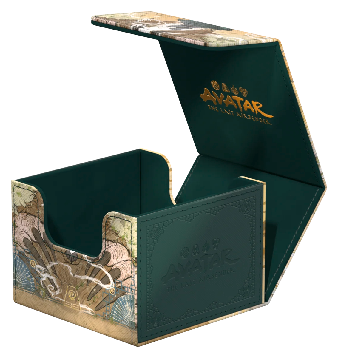 Ultimate Guard Sidewinder 133+: Magic the Gathering: Avatar The Last Airbender - The Legend of Kyoshi - Dark green leatherette card deck box with gold "Avatar The Last Airbender" logo, hinged lid, and detailed map artwork on.