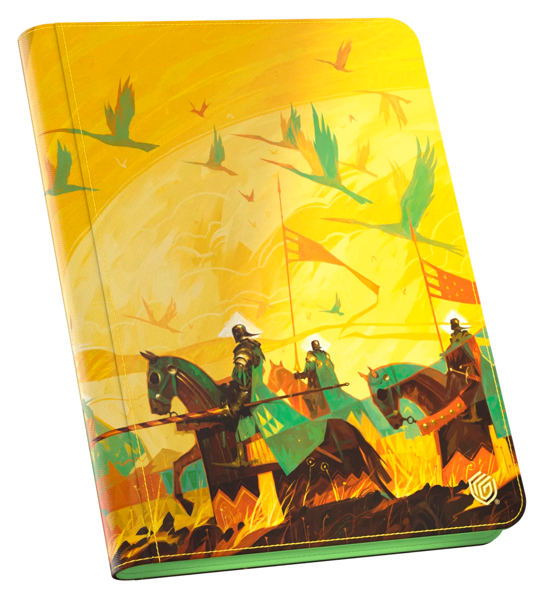 Ultimate Guard 18-Pocket Zipfolio 360 Xenoskin: Artist Edition #3- Dominik Mayer - Yellow zipfolio with vibrant artwork of knights on horseback carrying green and yellow flags, detailed with a glossy finish.