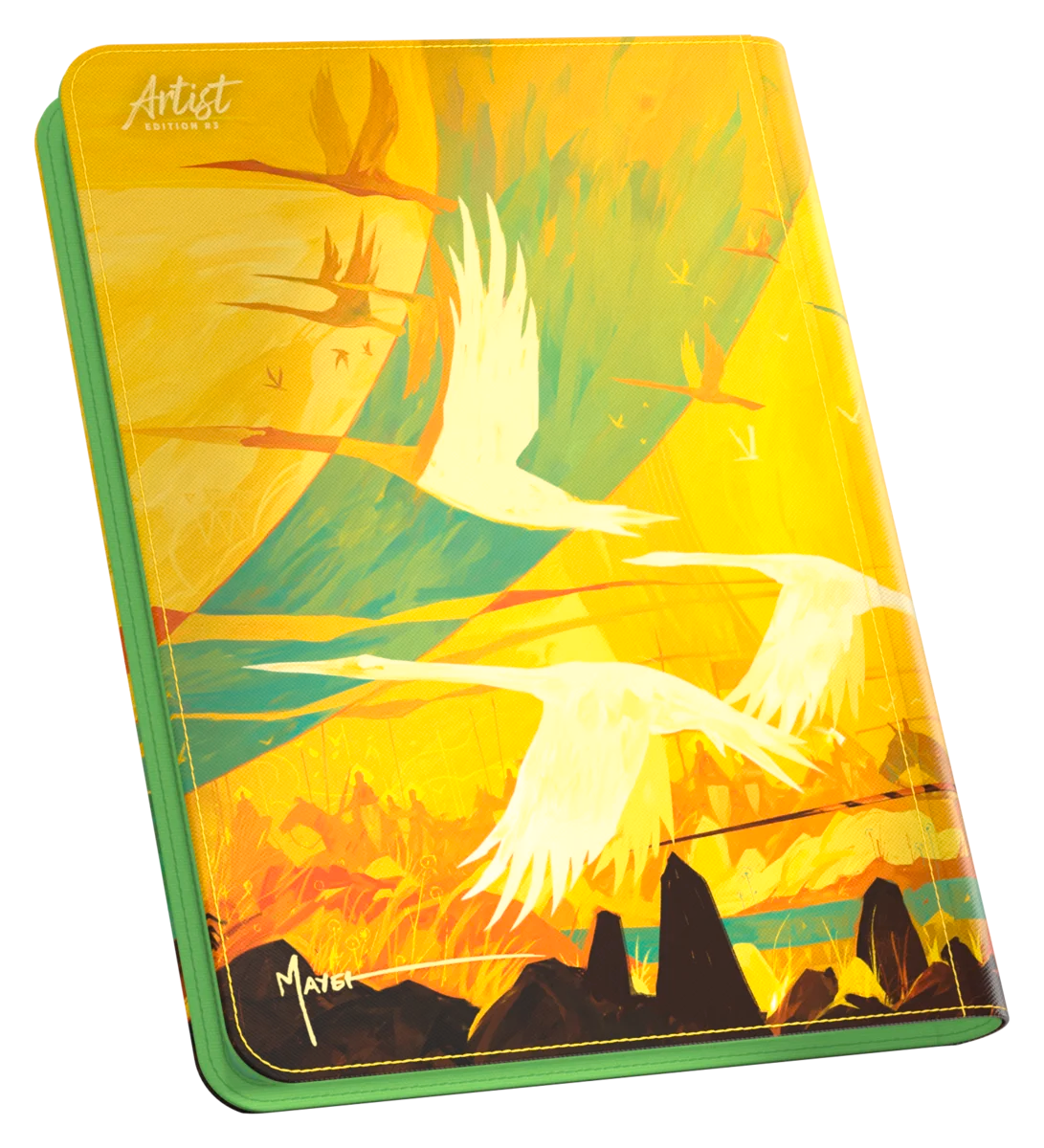 Ultimate Guard 18-Pocket Zipfolio 360 Xenoskin: Artist Edition #3- Dominik Mayer - Yellow and green zipfolio with vibrant artwork of white cranes flying over a stylized landscape.