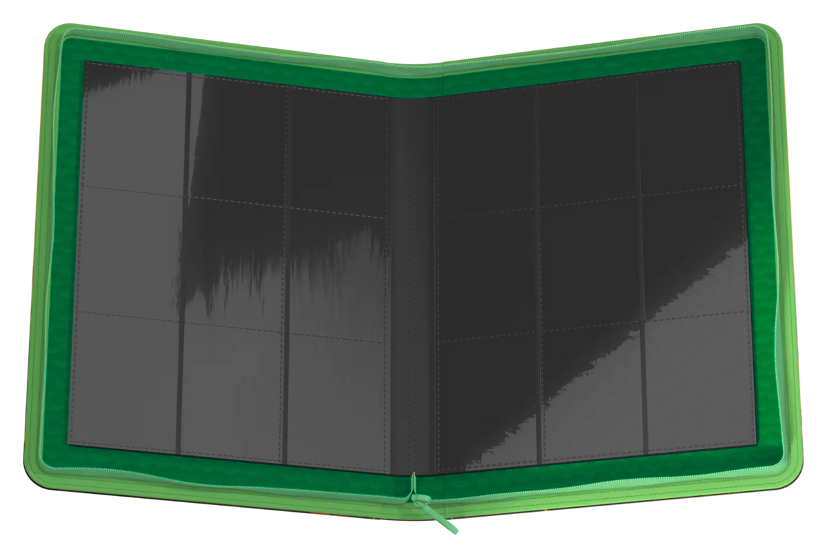 Ultimate Guard 18-Pocket Zipfolio 360 Xenoskin: Artist Edition #3- Dominik Mayer - Green zippered card binder open to show 18 black transparent pockets for cards.