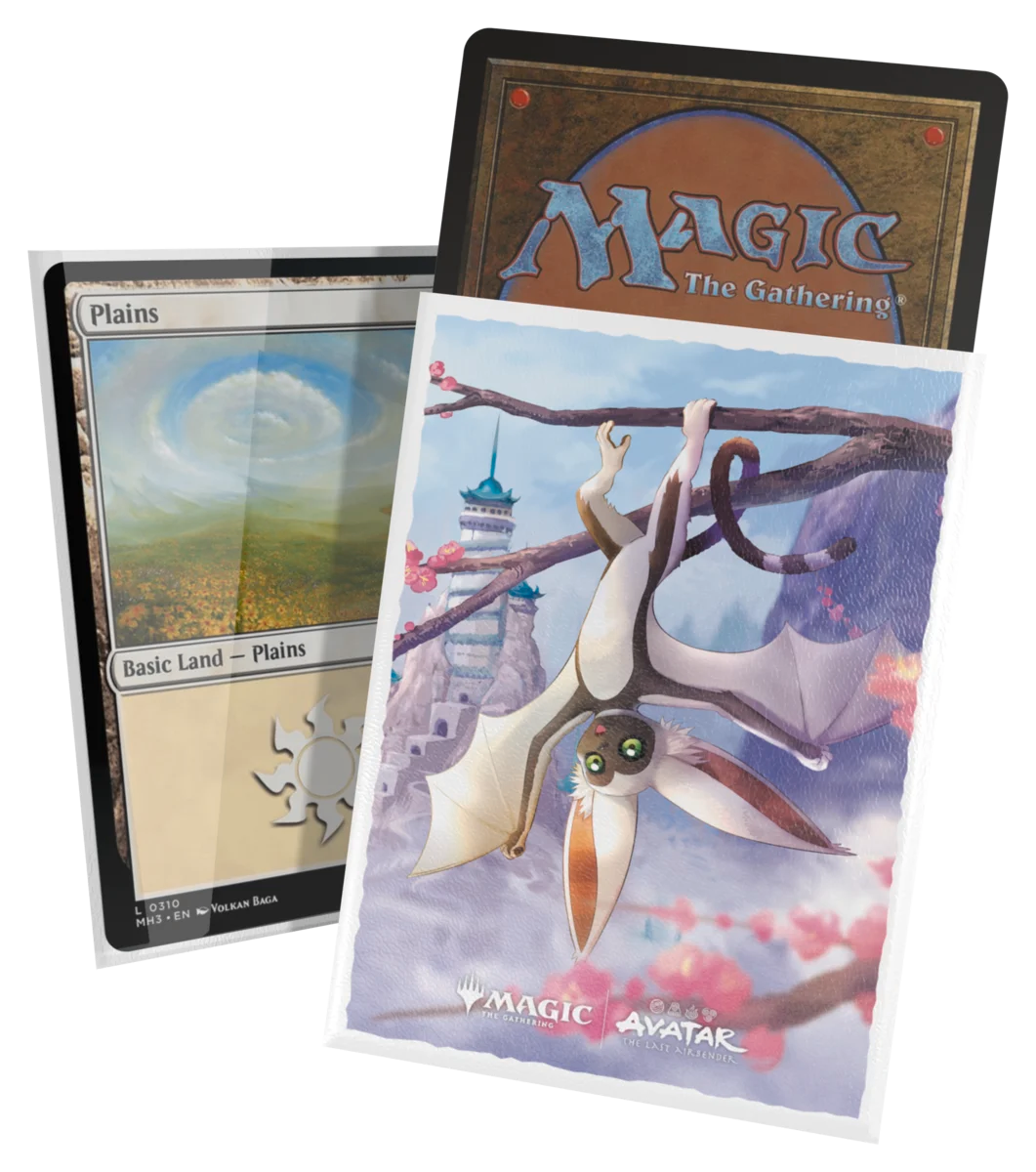 Ultimate Guard Art Sleeves: Magic the Gathering: Avatar The Last Airbender - Momo, Rambunctious Rascal - Magic the Gathering card sleeves featuring Momo, the winged lemur, swinging from a tree branch with a pastel sky background.