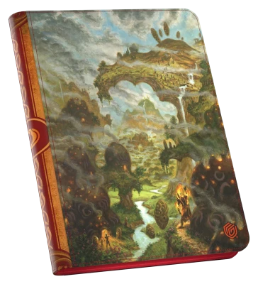 Ultimate Guard 18-Pocket Zipfolio 360 Xenoskin: Lorwyn Eclipsed - Mountain - Zipfolio with fantasy landscape design featuring a misty mountain arch, glowing eyes in rocks, and vibrant green and brown.