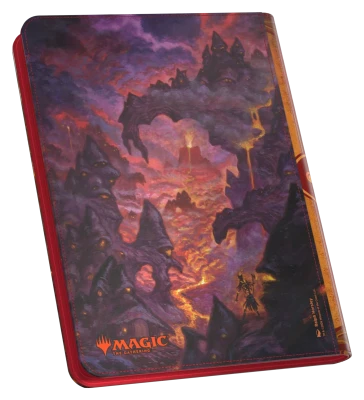 Ultimate Guard 18-Pocket Zipfolio 360 Xenoskin: Lorwyn Eclipsed - Mountain - Zipfolio with dark purple and fiery orange fantasy landscape featuring jagged mountain peaks and glowing lava, red zipper.