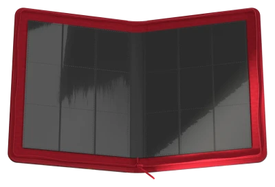 Ultimate Guard 18-Pocket Zipfolio 360 Xenoskin: Lorwyn Eclipsed - Mountain - Red zipfolio open to show 18 black flexible card pockets inside with glossy finish.