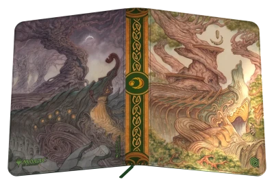 Ultimate Guard 18-Pocket Zipfolio 360 Xenoskin: Lorwyn Eclipsed - Forest - Folded zipfolio with detailed fantasy forest artwork in muted brown, green, and gray tones, featuring twisted trees and.