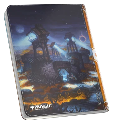Ultimate Guard 18-Pocket Zipfolio 360 Xenoskin: Lorwyn Eclipsed - Plains - Black and blue zipfolio with fantasy castle artwork and orange accents, branded Magic logo on bottom left.
