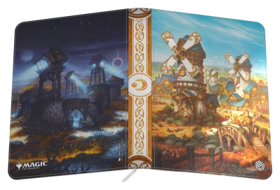 Ultimate Guard 18-Pocket Zipfolio 360 Xenoskin: Lorwyn Eclipsed - Plains - Colorful zipfolio with fantasy village artwork featuring dark towers on the left and sunlit windmills on the right,.