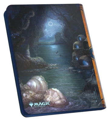 Ultimate Guard 18-Pocket Zipfolio 360 Xenoskin: Lorwyn Eclipsed - Island - Zipfolio card binder with dark, mystical forest and moonlit lake artwork, featuring rocks and glowing orbs, black edges.