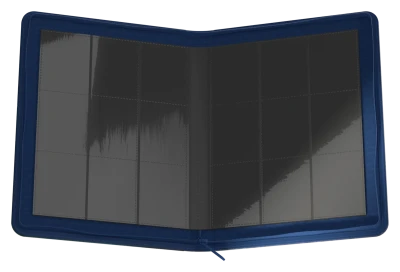 Ultimate Guard 18-Pocket Zipfolio 360 Xenoskin: Lorwyn Eclipsed - Island - Dark blue zip-around folio opened to show 18 transparent card pockets arranged in three columns on each side.