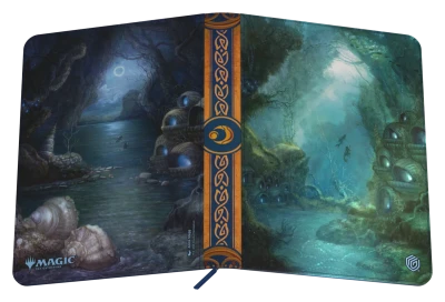 Ultimate Guard 18-Pocket Zipfolio 360 Xenoskin: Lorwyn Eclipsed - Island - Black and teal zipfolio with mystical underwater cave artwork, orange Celtic knot spine band, and circular emblem.