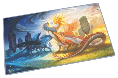 Ultimate Guard Playmat: Lorwyn Eclipsed - Celestial Reunion - Rectangular playmat with vivid fantasy art depicting a dark blue dragon and a fiery golden dragon facing each other under a.