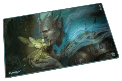 Ultimate Guard Playmat: Lorwyn Eclipsed - Run Away Together - Playmat featuring fantasy art of a blue-skinned armored figure and glowing fairy with dark green and blue background.