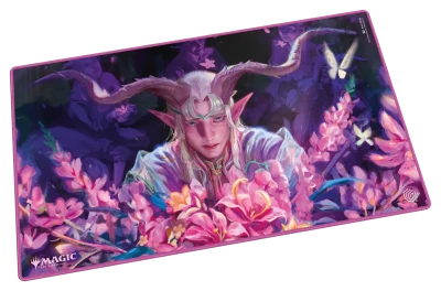 Ultimate Guard Playmat: Lorwyn Eclipsed - Dawnhand Eulogist - Fantasy-themed playmat featuring a horned elf with pink flowers and glowing white birds on a purple background.