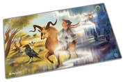 Ultimate Guard Playmat: Lorwyn Eclipsed - Morningtide’s Light - Colorful playmat featuring fantasy artwork of a horned creature, a crow, and a robed figure in a vibrant forest setting.