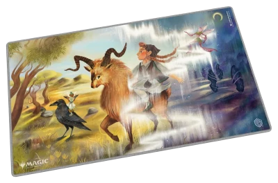 Ultimate Guard Playmat: Lorwyn Eclipsed - Morningtide’s Light - Colorful playmat featuring fantasy artwork of a horned creature, a crow, and a robed figure in a vibrant forest setting.