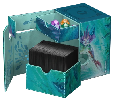 Ultimate Guard Flip'n'Tray 133+ Xenoskin Deckcase: Lorwyn Eclipsed - Silvergill Mentor - Teal flip tray deckcase with mermaid artwork, textured finish, holds cards and dice.