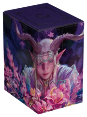 Ultimate Guard Flip'n'Tray 133+ Xenoskin Deckcase: Lorwyn Eclipsed - Dawnhand Eulogist - Purple Ultimate Guard deck case featuring a horned elf with pale skin and pink flowers, fantasy art style.