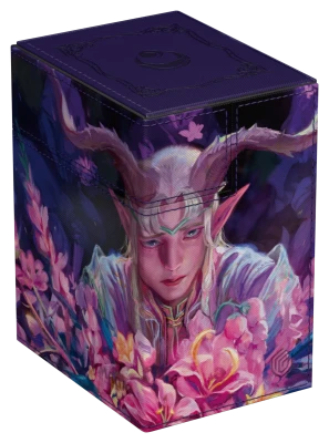 Ultimate Guard Flip'n'Tray 133+ Xenoskin Deckcase: Lorwyn Eclipsed - Dawnhand Eulogist - Purple Ultimate Guard deck case featuring a horned elf with pale skin and pink flowers, fantasy art style.