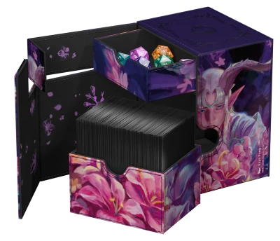 Ultimate Guard Flip'n'Tray 133+ Xenoskin Deckcase: Lorwyn Eclipsed - Dawnhand Eulogist - Purple and pink floral-themed deck box with a flip-open design, storage tray holding multicolored dice, and black card.