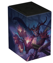 Ultimate Guard Flip'n'Tray 133+ Xenoskin Deckcase: Lorwyn Eclipsed - Bitterbloom Bearer - Black and dark blue flip tray deckcase featuring a detailed fantasy creature with glowing red eyes and thorny armor holding.