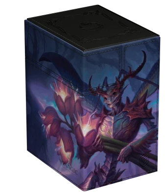 Ultimate Guard Flip'n'Tray 133+ Xenoskin Deckcase: Lorwyn Eclipsed - Bitterbloom Bearer - Black and dark blue flip tray deckcase featuring a detailed fantasy creature with glowing red eyes and thorny armor holding.