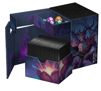 Ultimate Guard Flip'n'Tray 133+ Xenoskin Deckcase: Lorwyn Eclipsed - Bitterbloom Bearer - Dark blue and purple deckbox with fantasy bear warrior artwork, built-in tray holding colorful dice, and holding numerous.