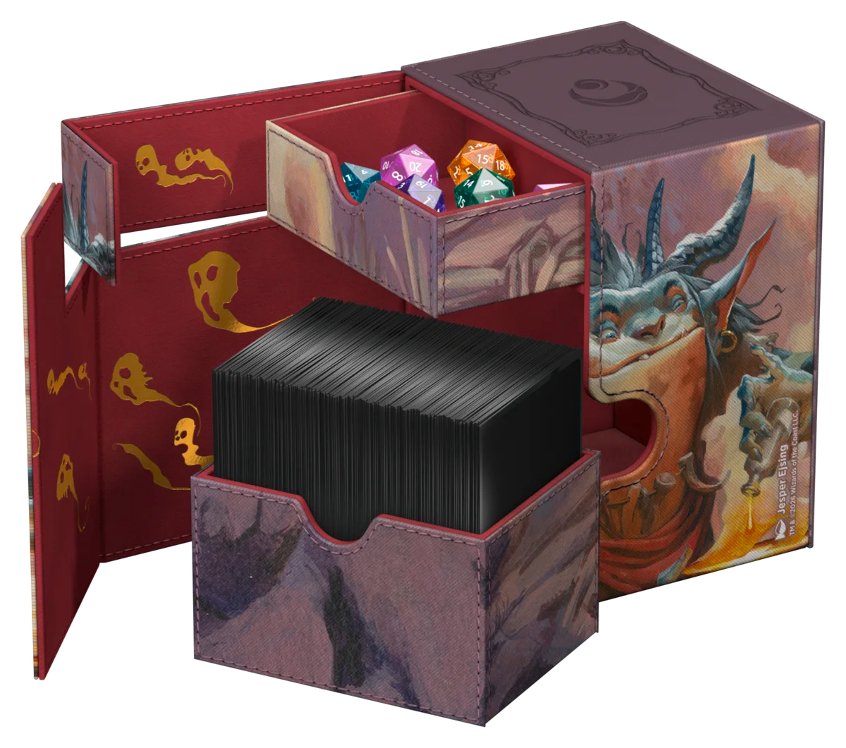 Ultimate Guard Flip'n'Tray 133+ Xenoskin Deckcase: Lorwyn Eclipsed - Grub, Storied Matriarch - Flip'n'Tray deck case with dark red and purple fantasy art, featuring a monstrous creature and golden ghost motifs, includes