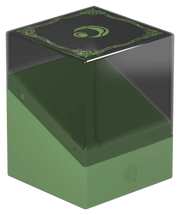 Ultimate Guard Boulder 100+: Lorwyn Eclipsed - Elves - Transparent cube deck box with dark green base and black lid featuring green elvish design and circular emblem.