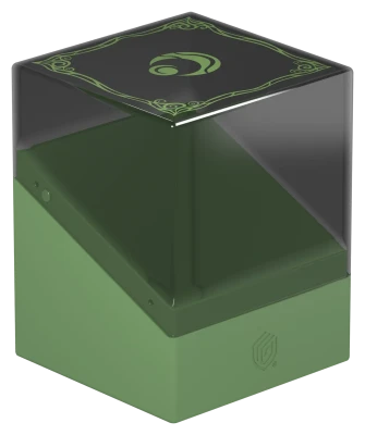 Ultimate Guard Boulder 100+: Lorwyn Eclipsed - Elves - Transparent cube deck box with dark green base and black lid featuring green elvish design and circular emblem.