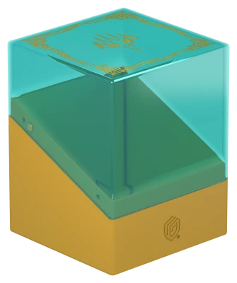 Ultimate Guard Boulder 100+: Lorwyn Eclipsed - Changelings - Translucent teal plastic card storage box with a gold base and delicate gold detailing on the lid.