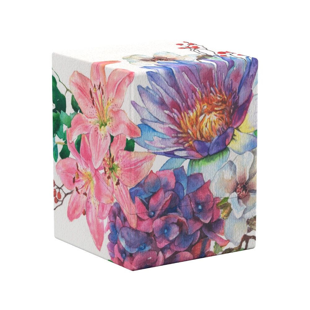 Ultimate Guard Boulder 100+: Floral Places - Lotus Bloom (PREORDER) - Deck box with vibrant floral design featuring lotus and other colorful flowers on a white background.
