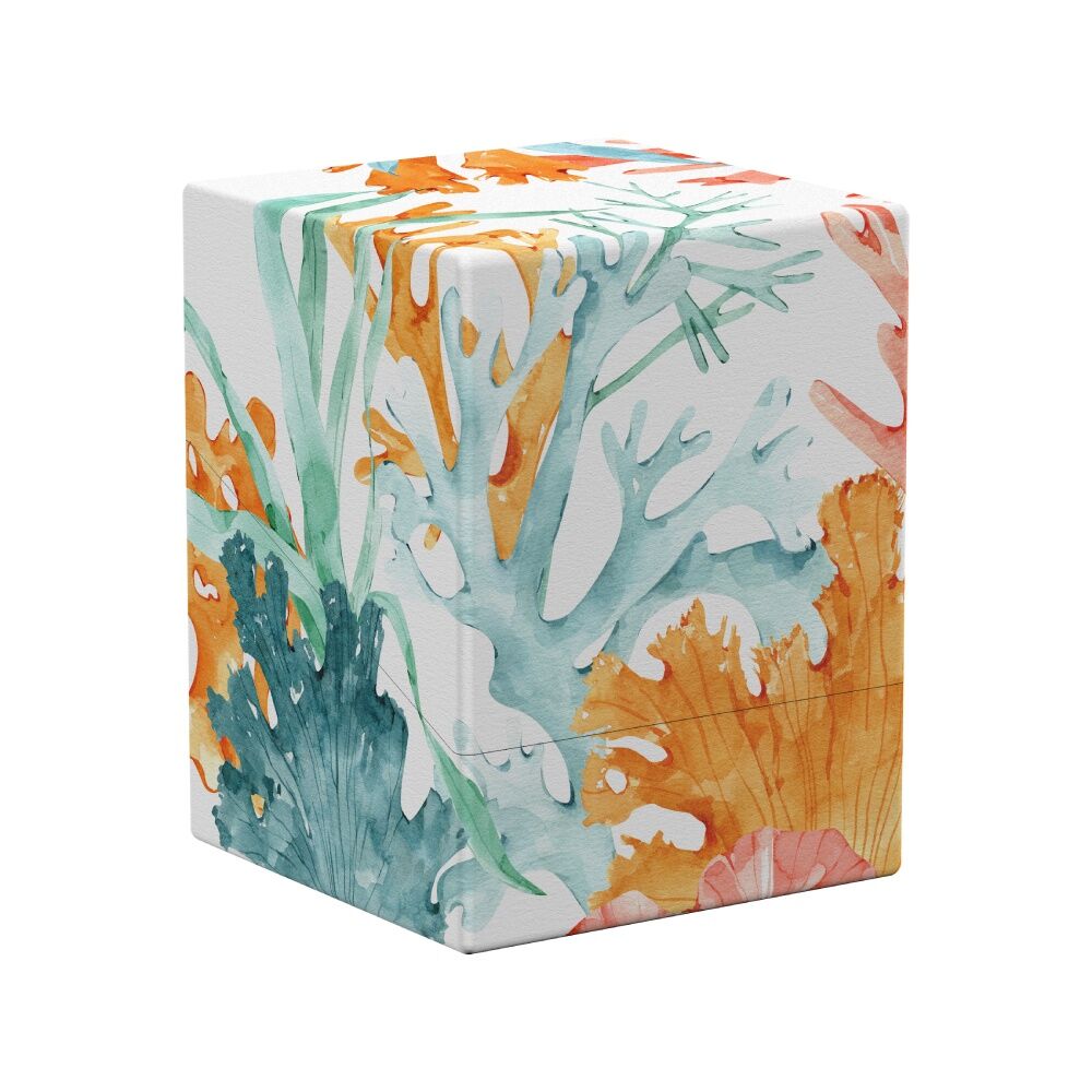 Ultimate Guard Boulder 100+: Coral Places - Coralline Eden (PREORDER) - Square card deck box with coral reef pattern in teal, orange, and coral colors, glossy finish.