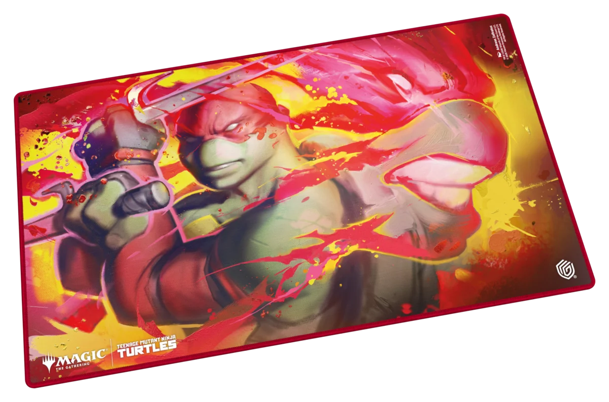 Ultimate Guard Playmat: Teenage Mutant Ninja Turtles - Raphael's Technique - Red playmat featuring Teenage Mutant Ninja Turtle Raphael in action pose with clenched fist and dynamic yellow and orange.