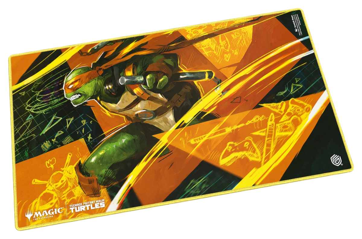 Ultimate Guard Playmat: Teenage Mutant Ninja Turtles - Michelangelo's Technique - Rectangular playmat with vibrant orange and yellow tones featuring Michelangelo from Teenage Mutant Ninja Turtles in an.