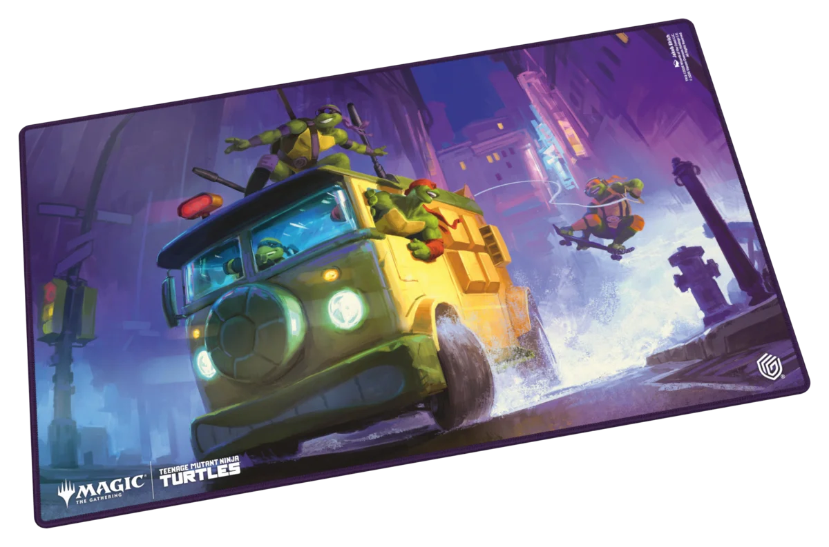 Ultimate Guard Playmat: Teenage Mutant Ninja Turtles - Turtle Van - Colorful playmat featuring the Teenage Mutant Ninja Turtles driving a green turtle-shaped van through a neon-lit cityscape.