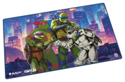 Ultimate Guard Playmat: Teenage Mutant Ninja Turtles - Turtles Forever - Playmat featuring colorful Teenage Mutant Ninja Turtles and a grayscale turtle against a vibrant city skyline background.