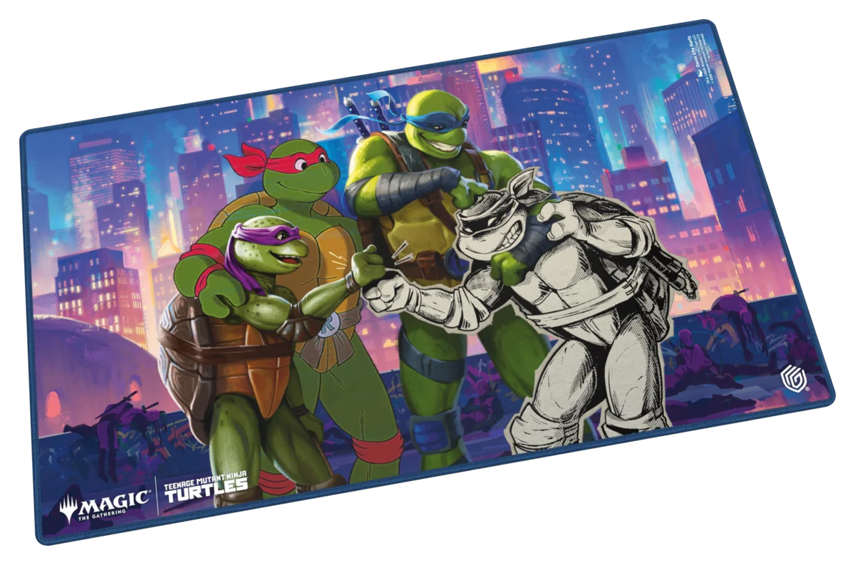 Ultimate Guard Playmat: Teenage Mutant Ninja Turtles - Turtles Forever - Playmat featuring colorful Teenage Mutant Ninja Turtles and a grayscale turtle against a vibrant city skyline background.