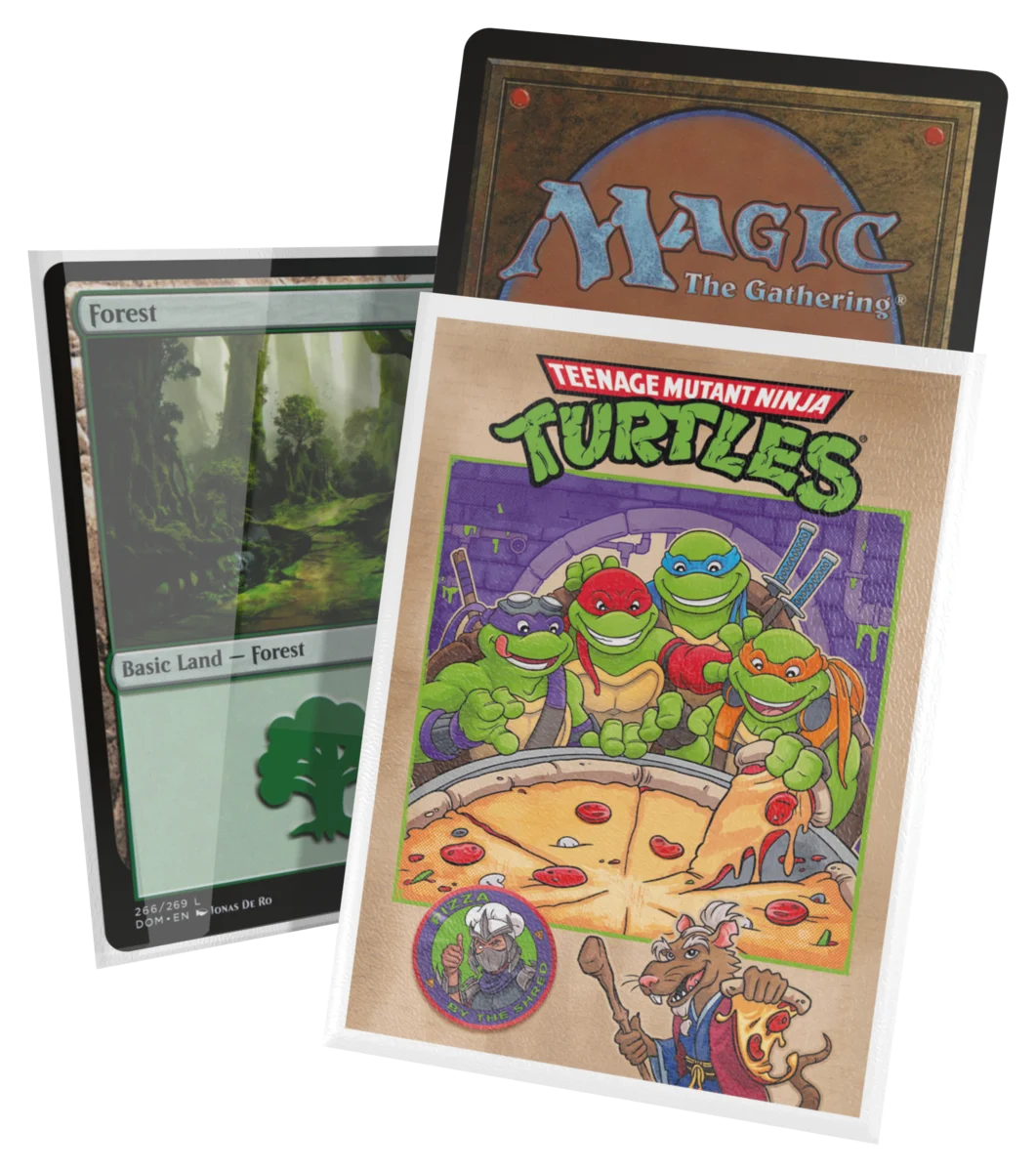 Ultimate Guard Art Sleeves: Teenage Mutant Ninja Turtles - Pizza Box - Card sleeves featuring Teenage Mutant Ninja Turtles holding pizza with retro comic-style art and vibrant colors.