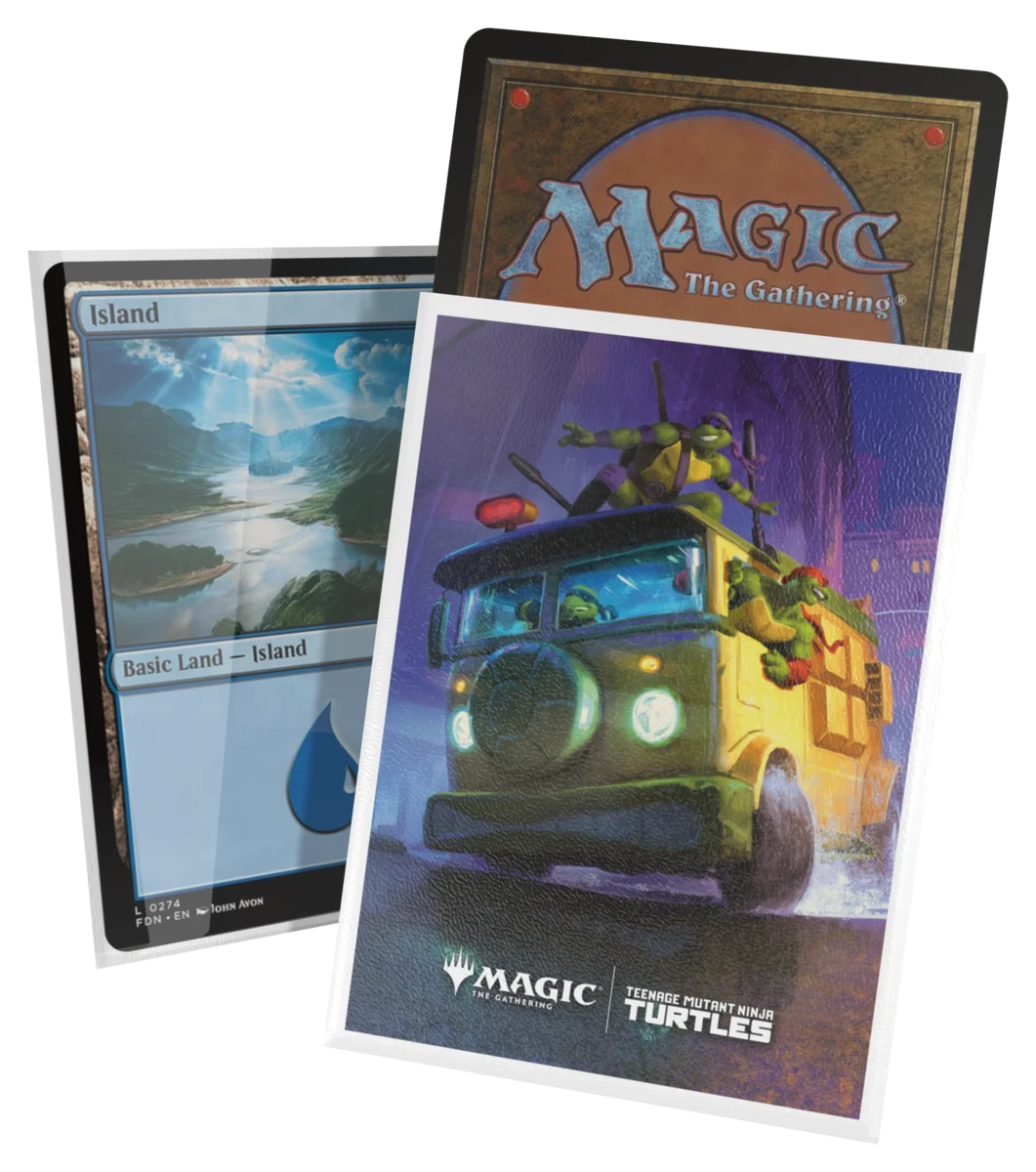 Ultimate Guard Art Sleeves: Teenage Mutant Ninja Turtles - Turtle Van - Card sleeve featuring Teenage Mutant Ninja Turtles van illustration in green and yellow on glossy finish paper sleeve.